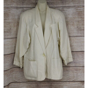 VINTAGE KGR Womens Size 14 Petites Padded Shoulders Linen Blazer Jacket Ivory